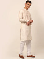 Jompers Men's Cream Striped Pleated Chikankari Kurta Only