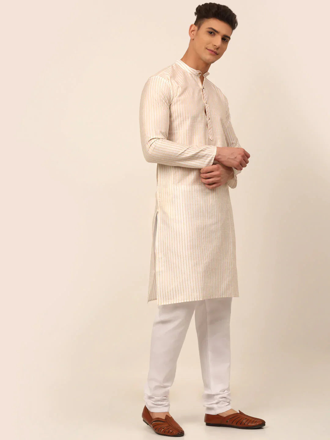 Jompers Men's Cream Striped Pleated Chikankari Kurta Only