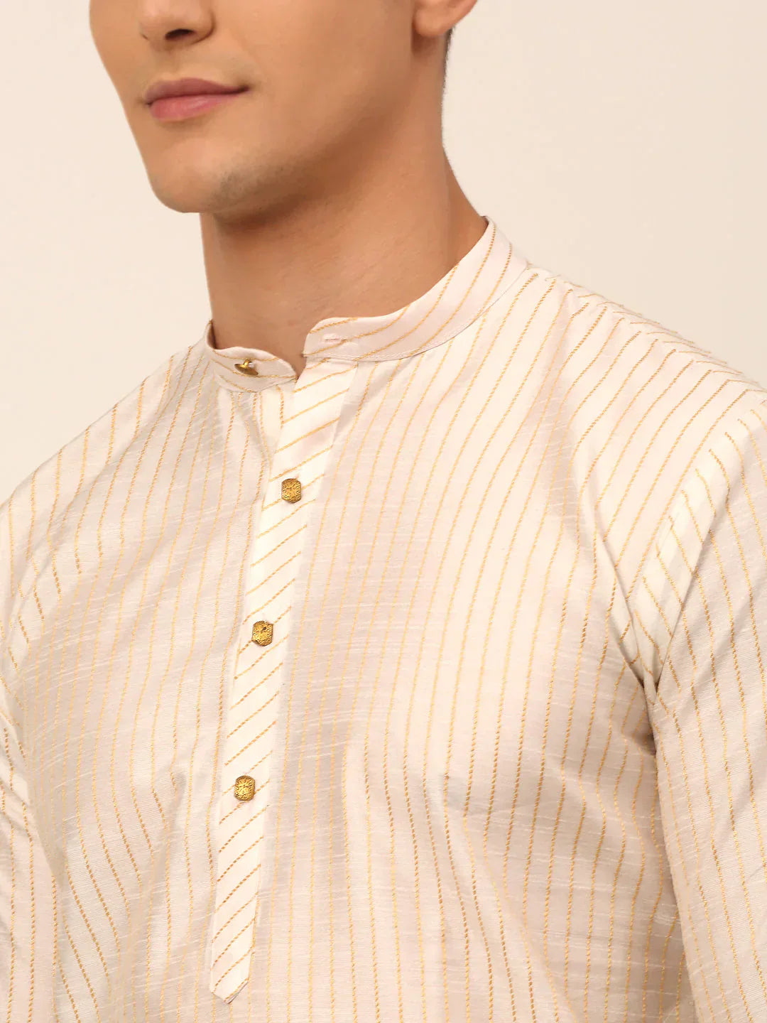 Jompers Men's Cream Striped Pleated Chikankari Kurta Only
