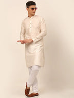 Jompers Men's Cream Striped Pleated Chikankari Kurta Only