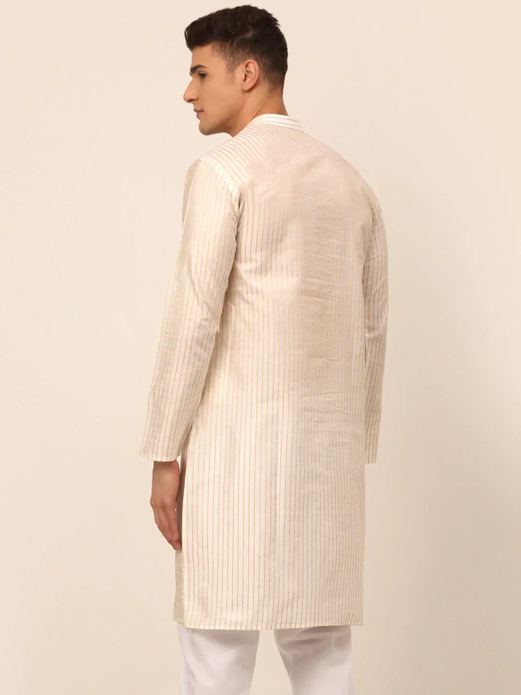 Jompers Men's Cream Striped Pleated Chikankari Kurta Only