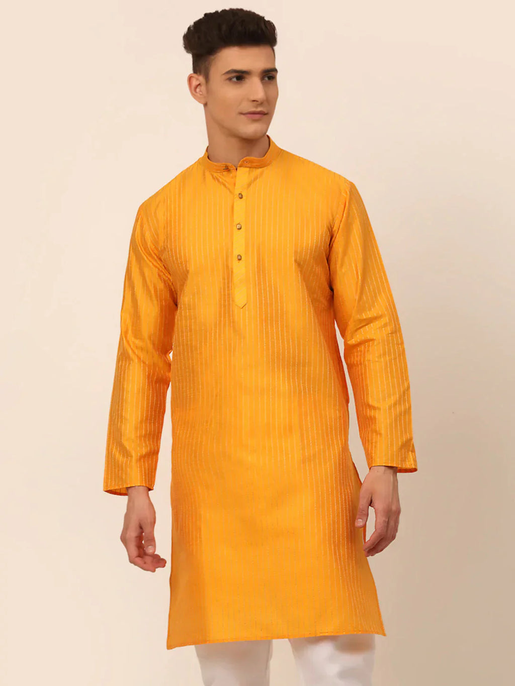 Jompers Men's Mustard Striped Pleated Chikankari Kurta Only