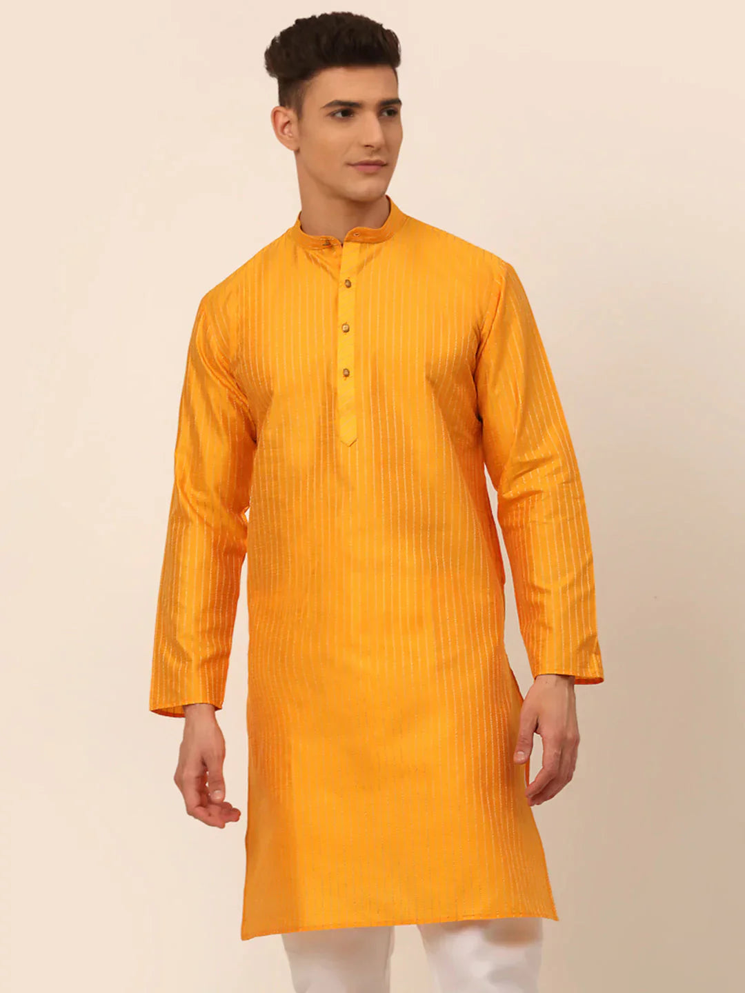 Jompers Men's Mustard Striped Pleated Chikankari Kurta Only
