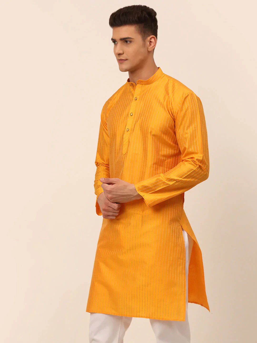 Jompers Men's Mustard Striped Pleated Chikankari Kurta Only