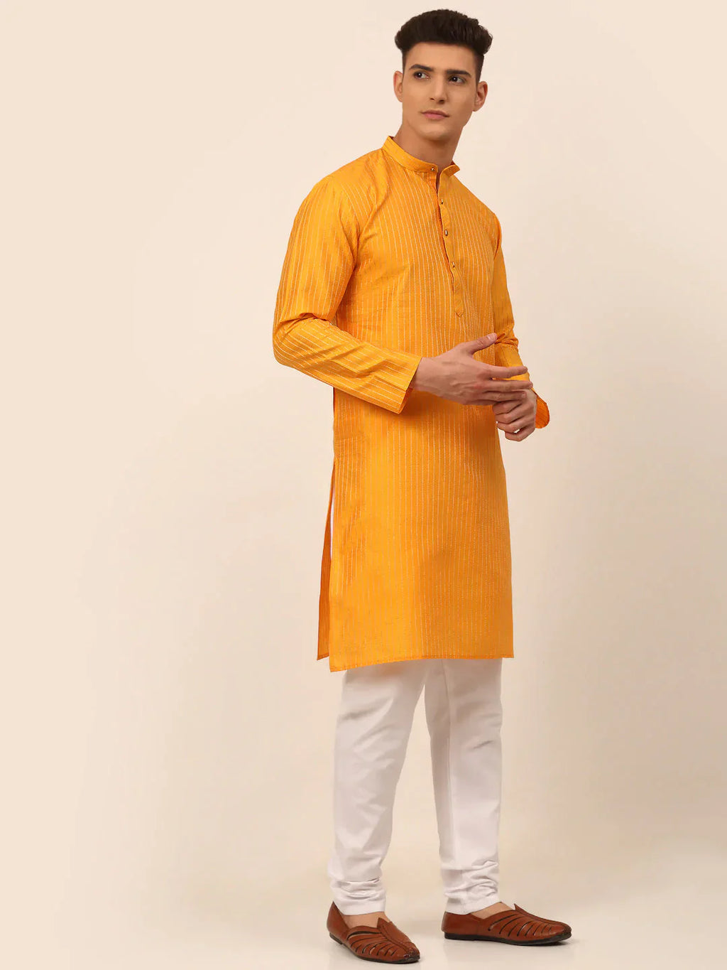 Jompers Men's Mustard Striped Pleated Chikankari Kurta Only