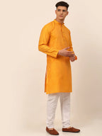 Jompers Men's Mustard Striped Pleated Chikankari Kurta Only