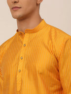 Jompers Men's Mustard Striped Pleated Chikankari Kurta Only