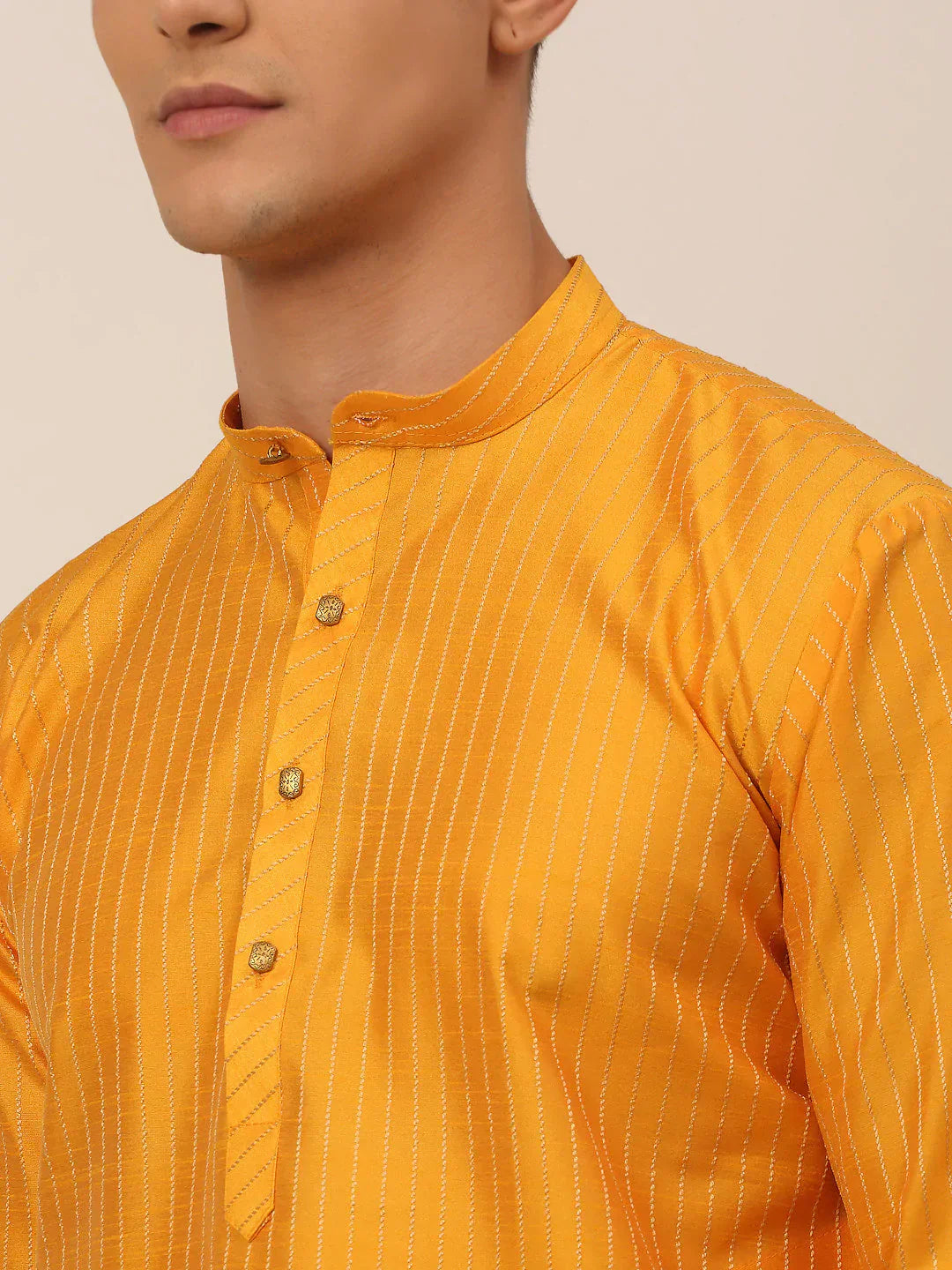 Jompers Men's Mustard Striped Pleated Chikankari Kurta Only