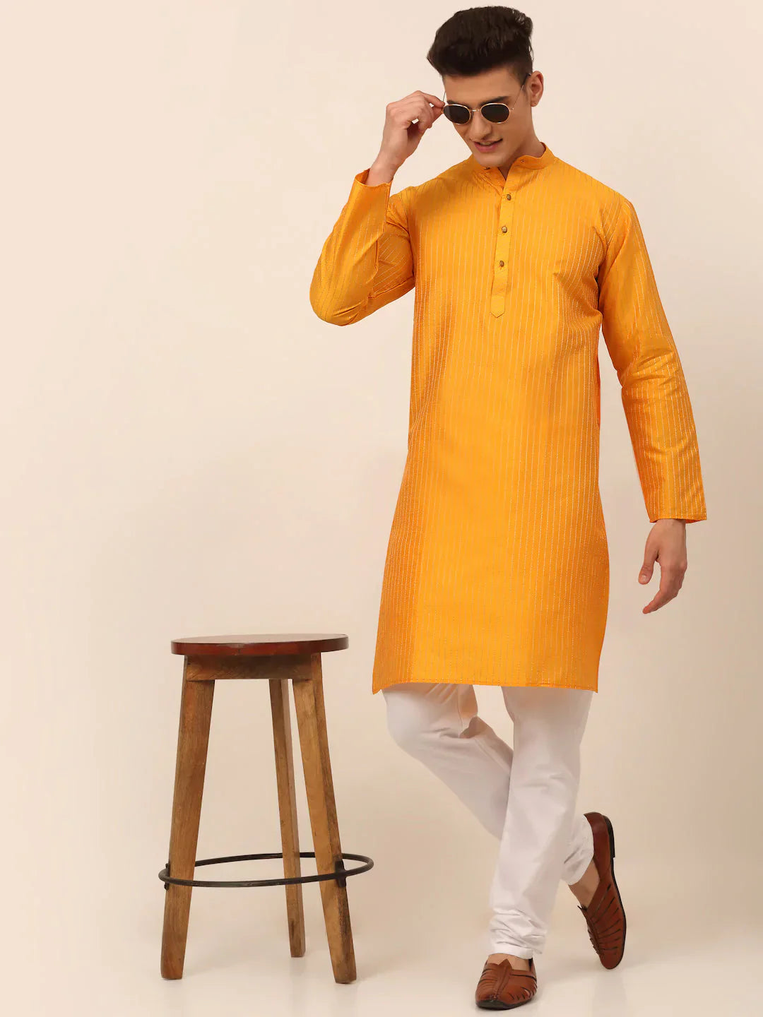Jompers Men's Mustard Striped Pleated Chikankari Kurta Only