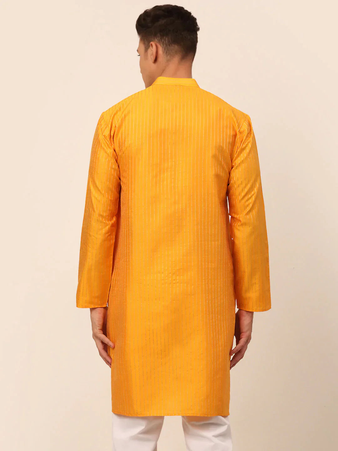 Jompers Men's Mustard Striped Pleated Chikankari Kurta Only