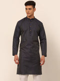 Jompers Men's Navy Blue Striped Pleated Chikankari Kurta Only