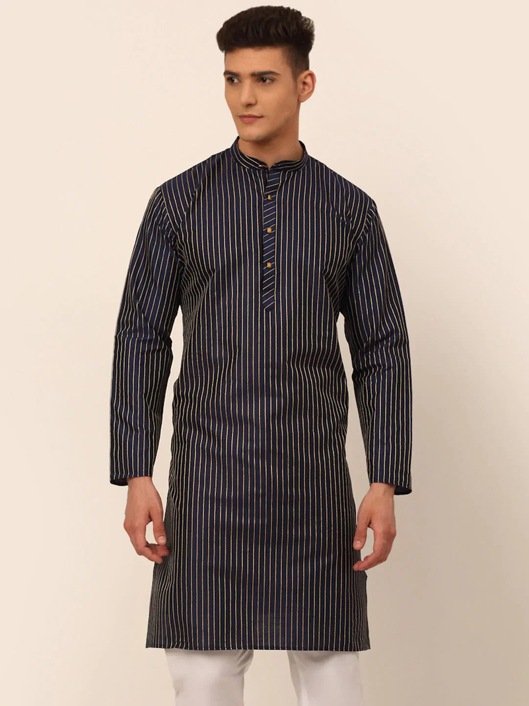 Jompers Men's Navy Blue Striped Pleated Chikankari Kurta Only