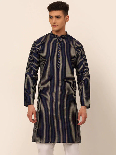 Jompers Men's Navy Blue Striped Pleated Chikankari Kurta Only