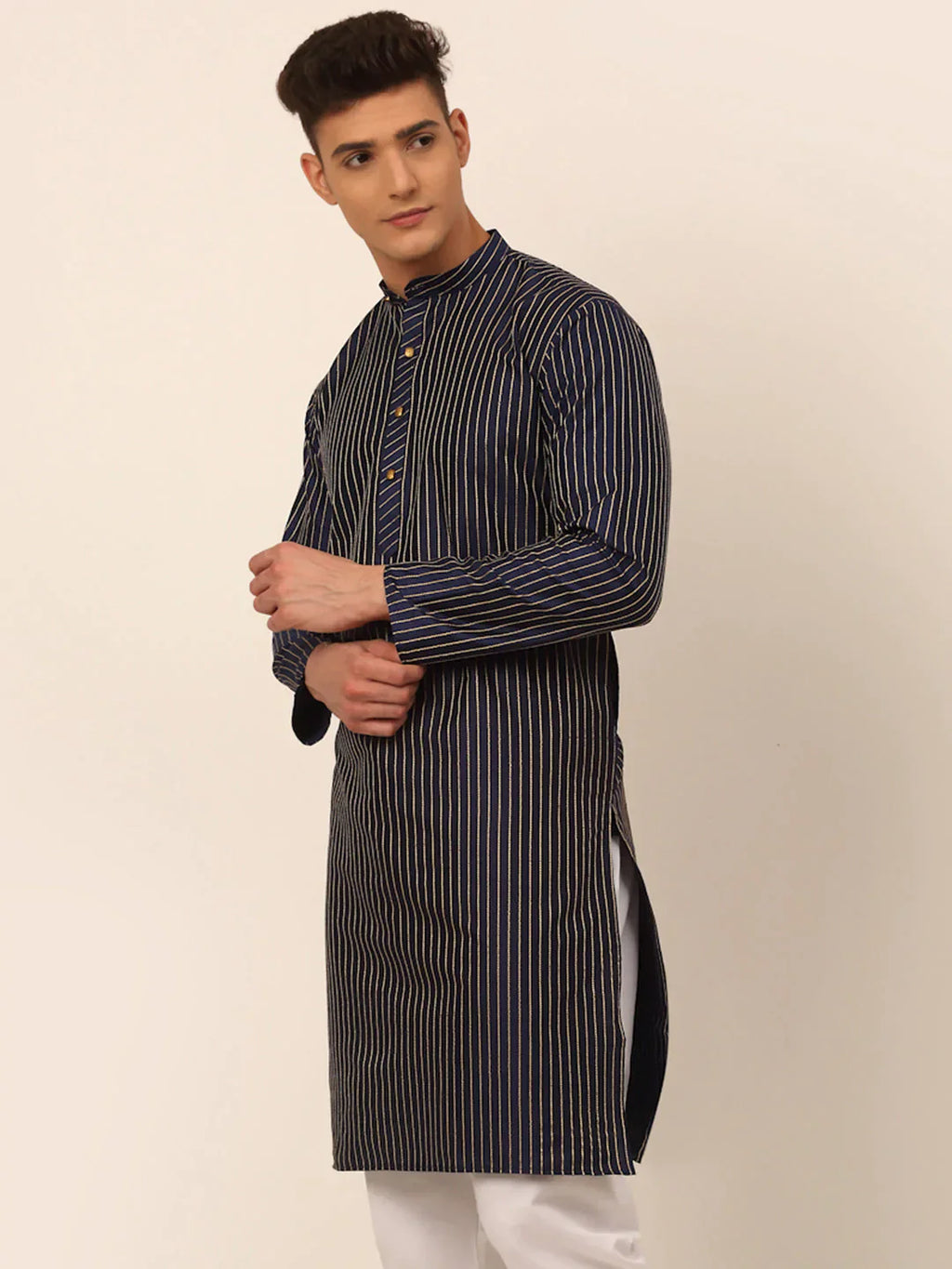 Jompers Men's Navy Blue Striped Pleated Chikankari Kurta Only