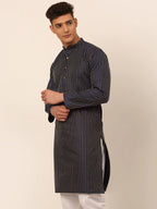 Jompers Men's Navy Blue Striped Pleated Chikankari Kurta Only