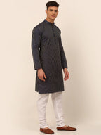 Jompers Men's Navy Blue Striped Pleated Chikankari Kurta Only