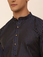Jompers Men's Navy Blue Striped Pleated Chikankari Kurta Only