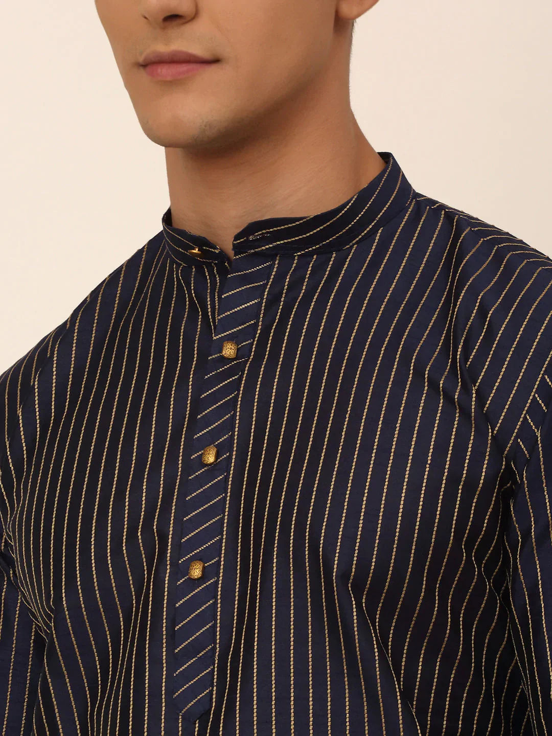 Jompers Men's Navy Blue Striped Pleated Chikankari Kurta Only