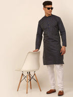 Jompers Men's Navy Blue Striped Pleated Chikankari Kurta Only