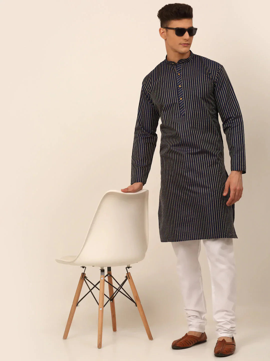Jompers Men's Navy Blue Striped Pleated Chikankari Kurta Only