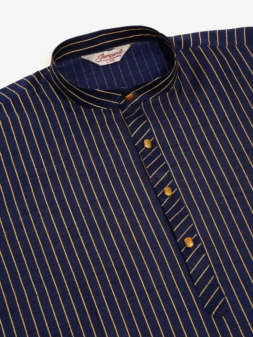Jompers Men's Navy Blue Striped Pleated Chikankari Kurta Only