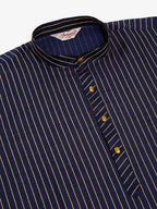 Jompers Men's Navy Blue Striped Pleated Chikankari Kurta Only