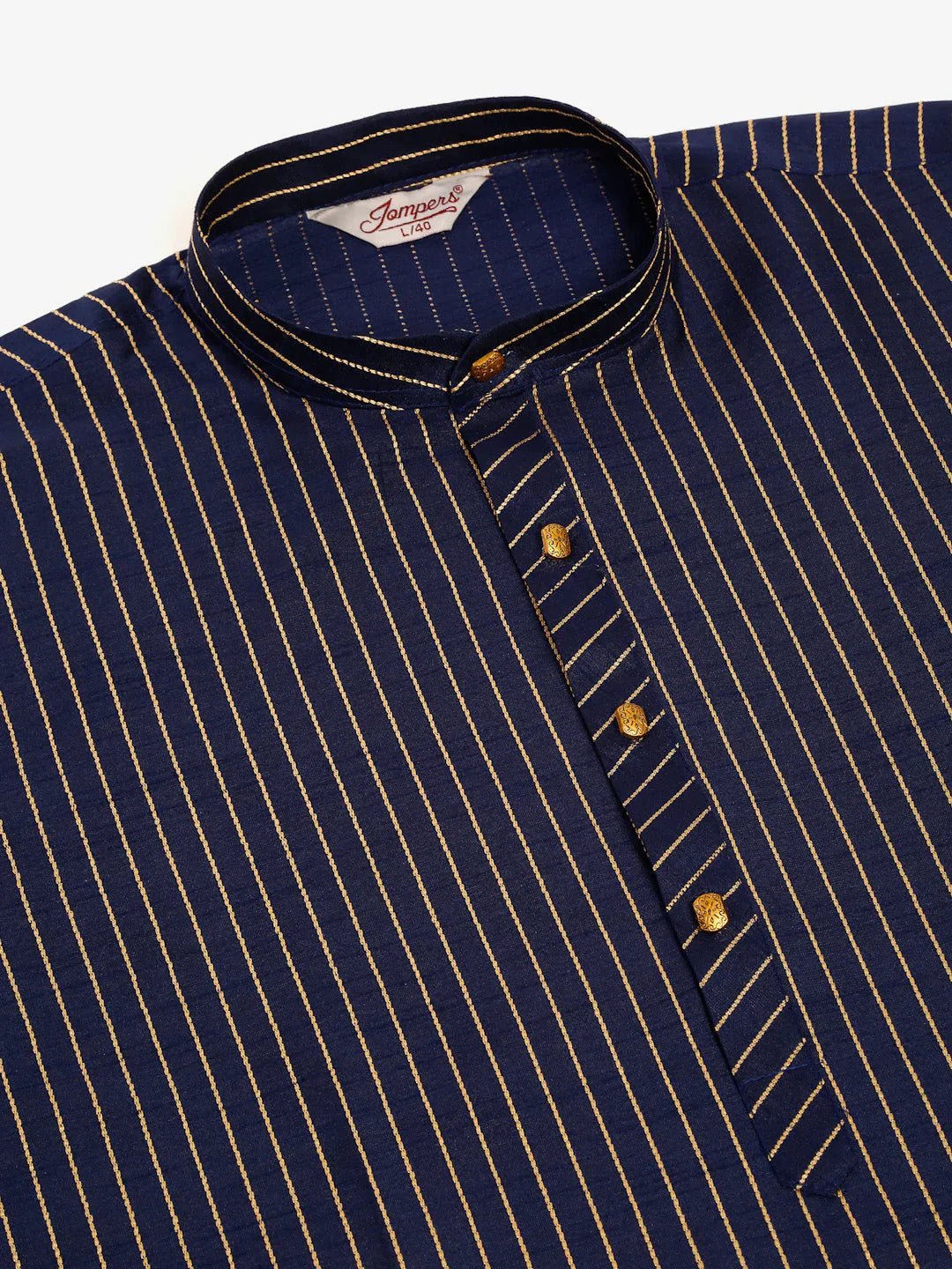 Jompers Men's Navy Blue Striped Pleated Chikankari Kurta Only