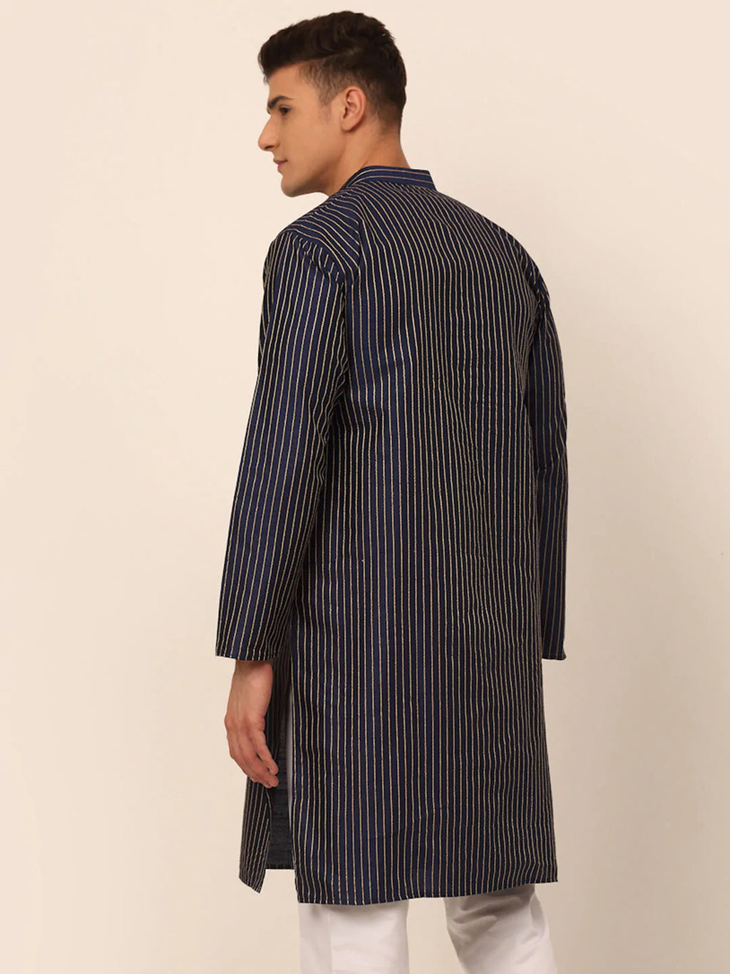 Jompers Men's Navy Blue Striped Pleated Chikankari Kurta Only
