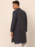 Jompers Men's Navy Blue Striped Pleated Chikankari Kurta Only