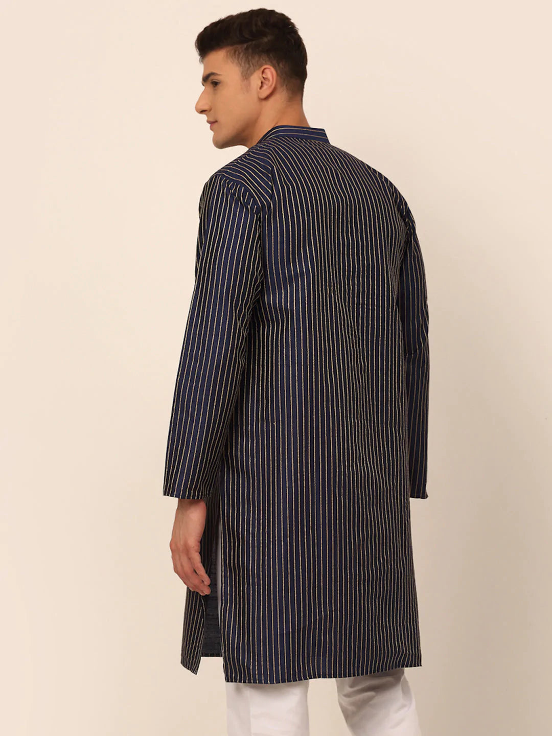 Jompers Men's Navy Blue Striped Pleated Chikankari Kurta Only