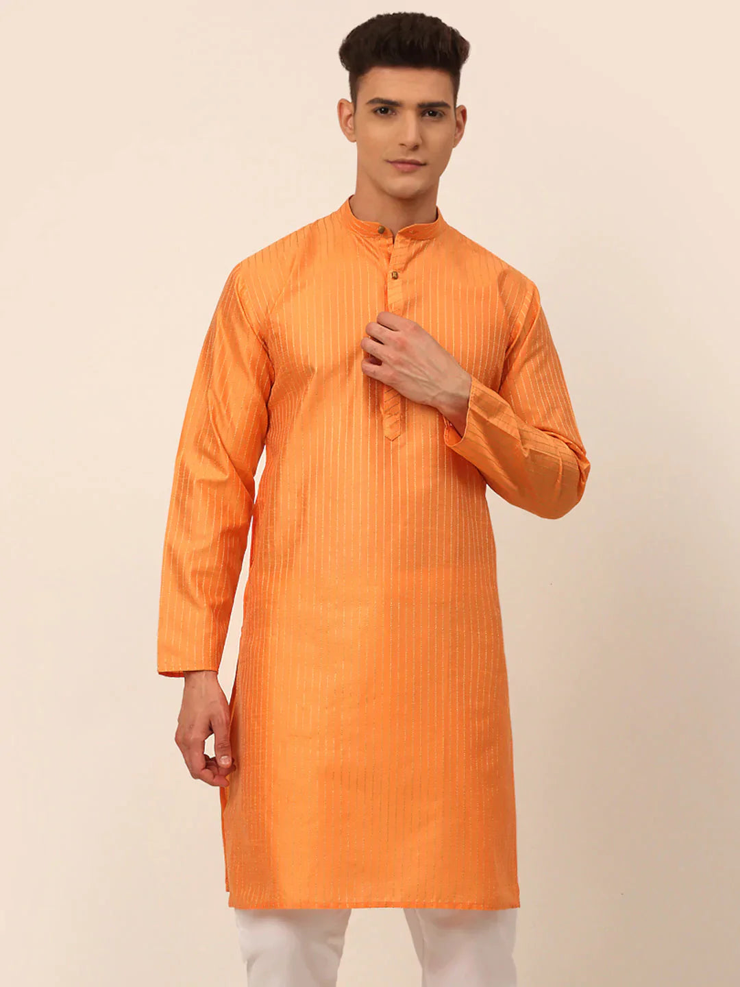 Jompers Men's Peach Striped Pleated Chikankari Kurta Only