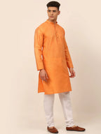 Jompers Men's Peach Striped Pleated Chikankari Kurta Only