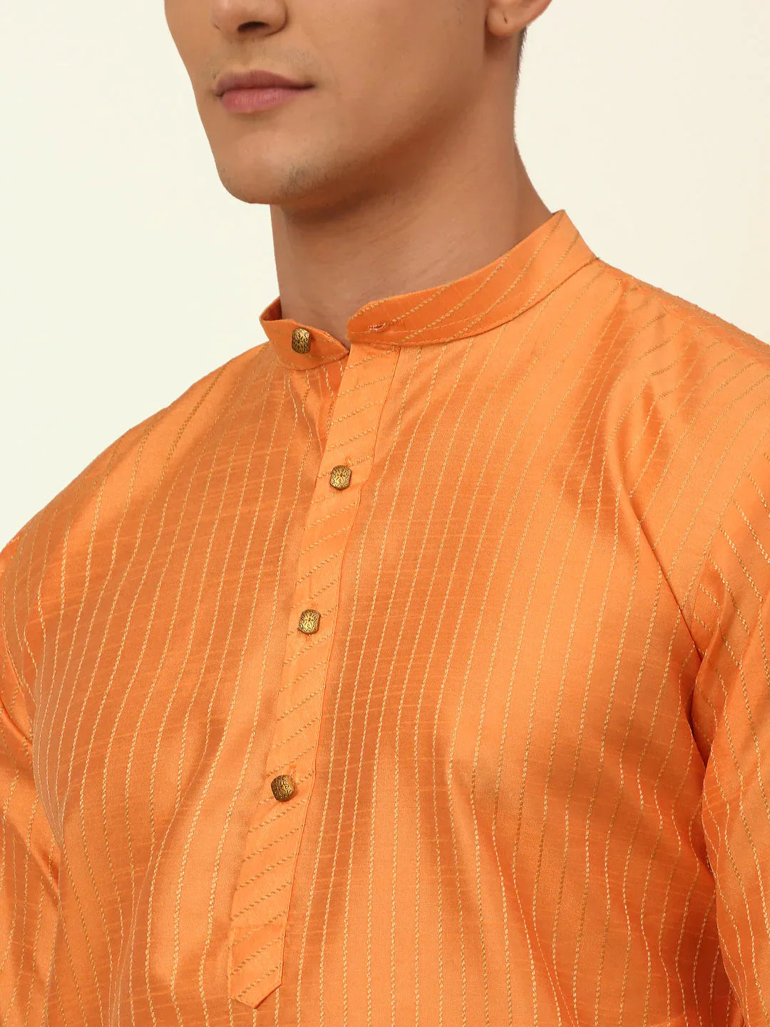 Jompers Men's Peach Striped Pleated Chikankari Kurta Only