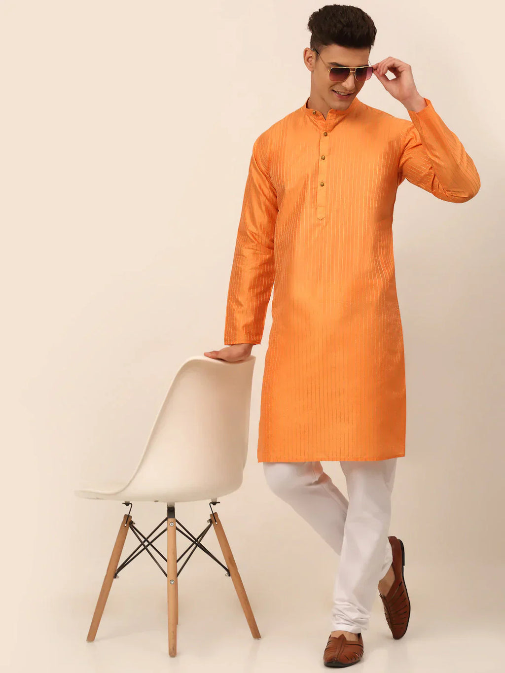 Jompers Men's Peach Striped Pleated Chikankari Kurta Only