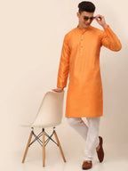 Jompers Men's Peach Striped Pleated Chikankari Kurta Only