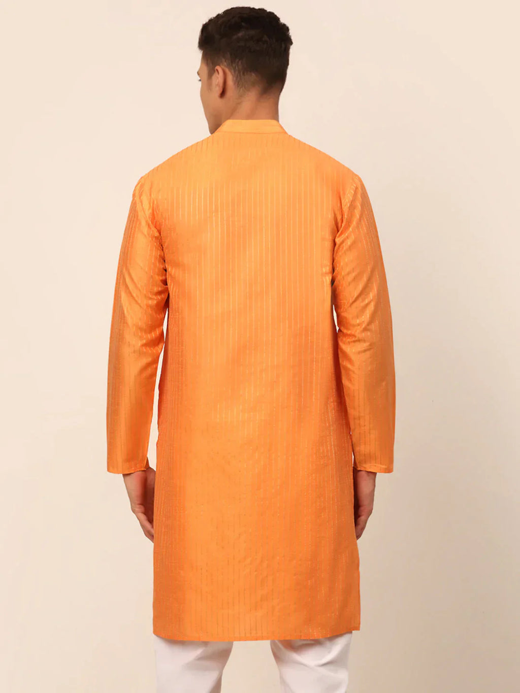 Jompers Men's Peach Striped Pleated Chikankari Kurta Only