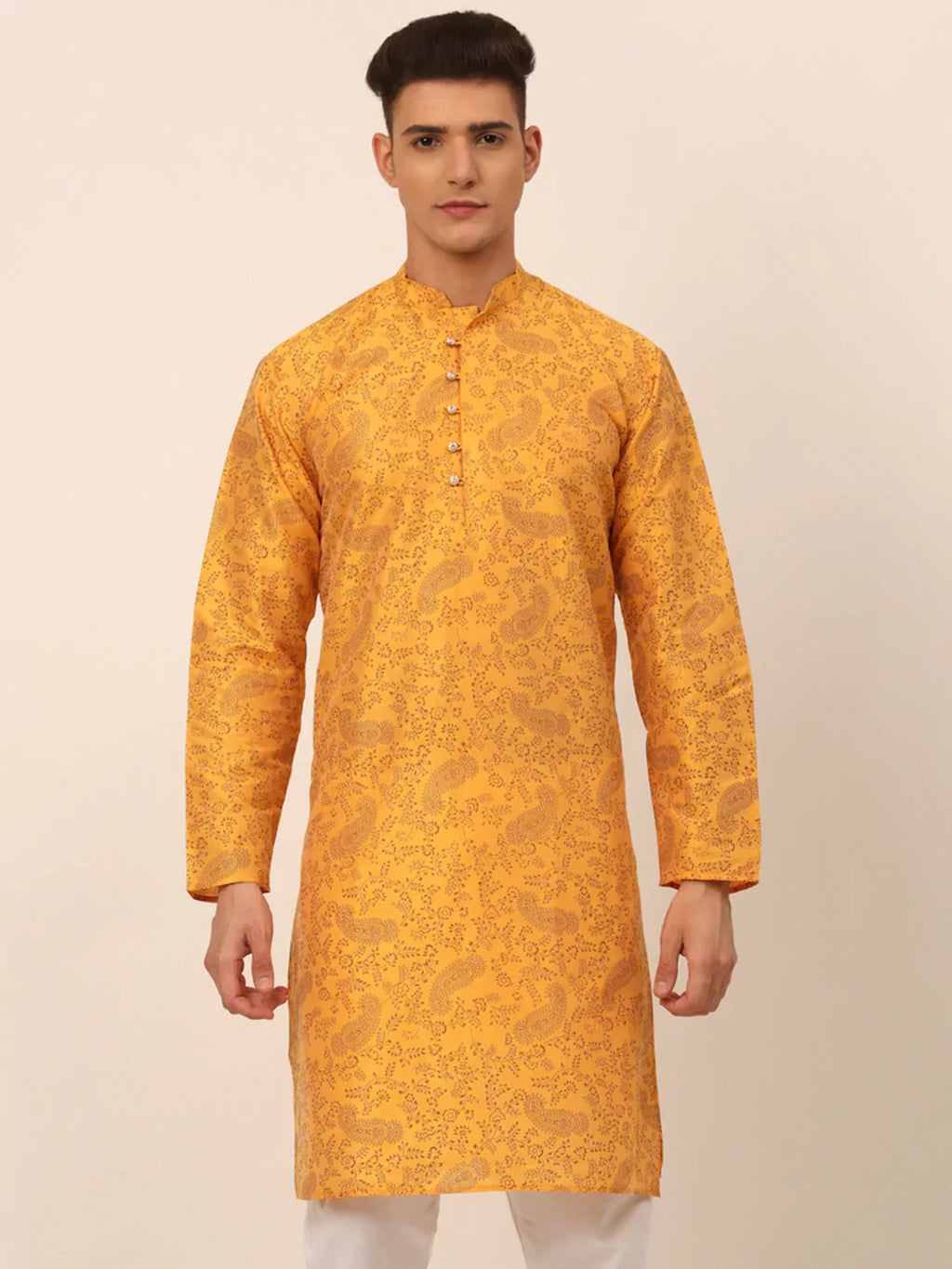Jompers Men's Mustard Paisley Printed Kurta Only