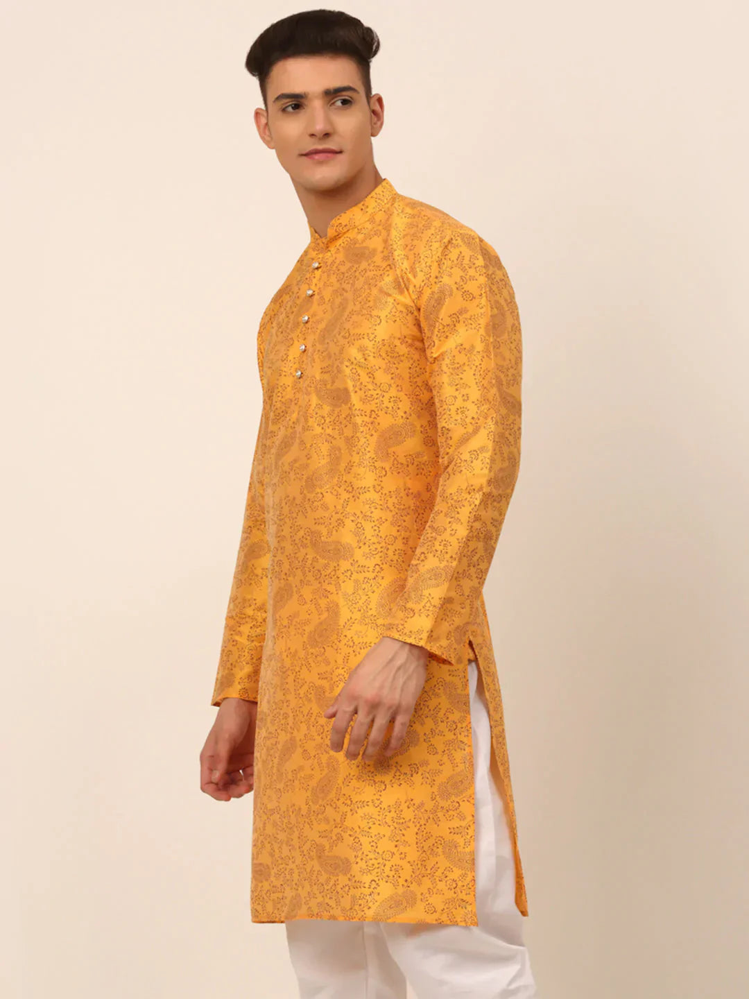 Jompers Men's Mustard Paisley Printed Kurta Only