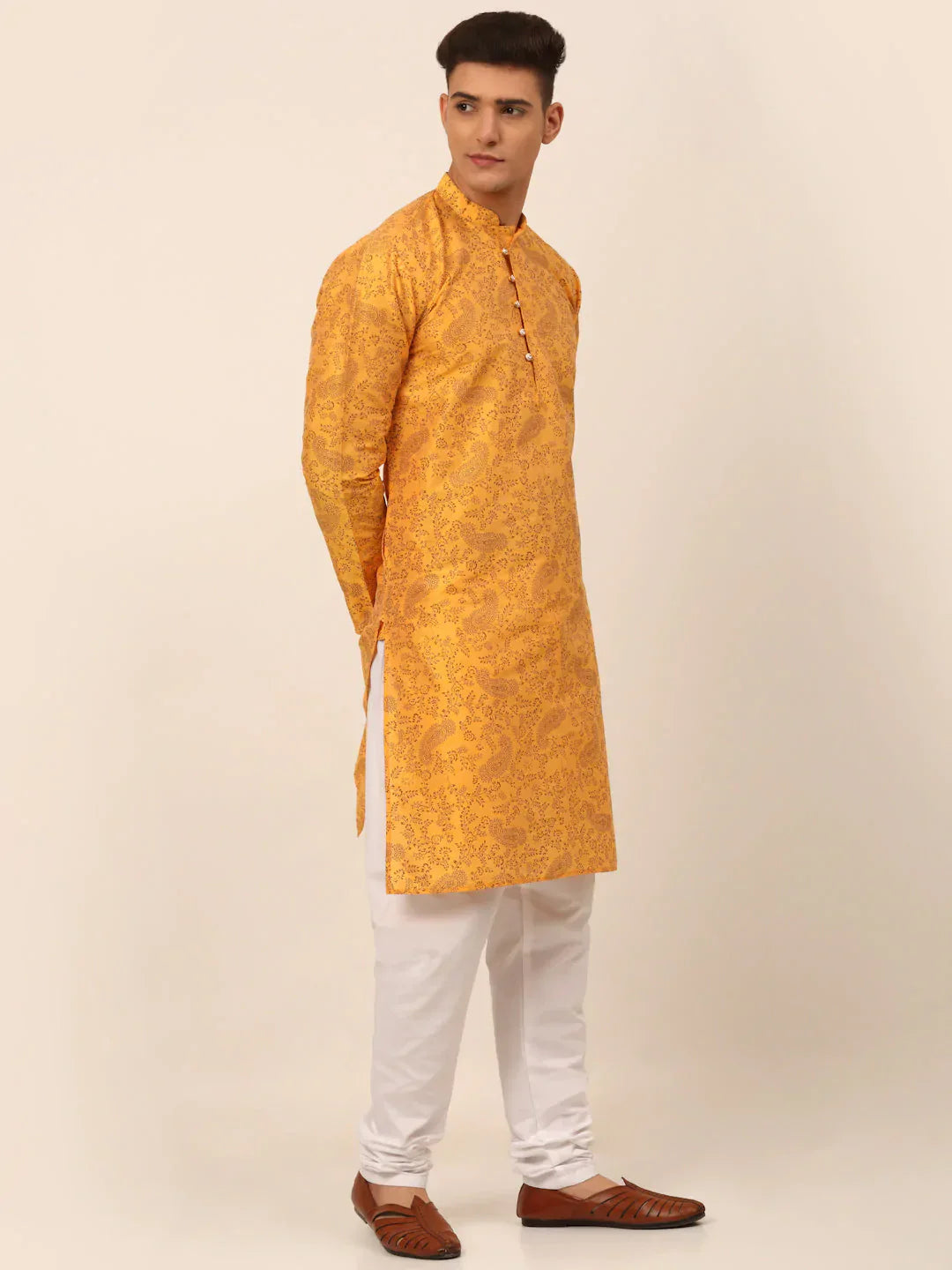 Jompers Men's Mustard Paisley Printed Kurta Only