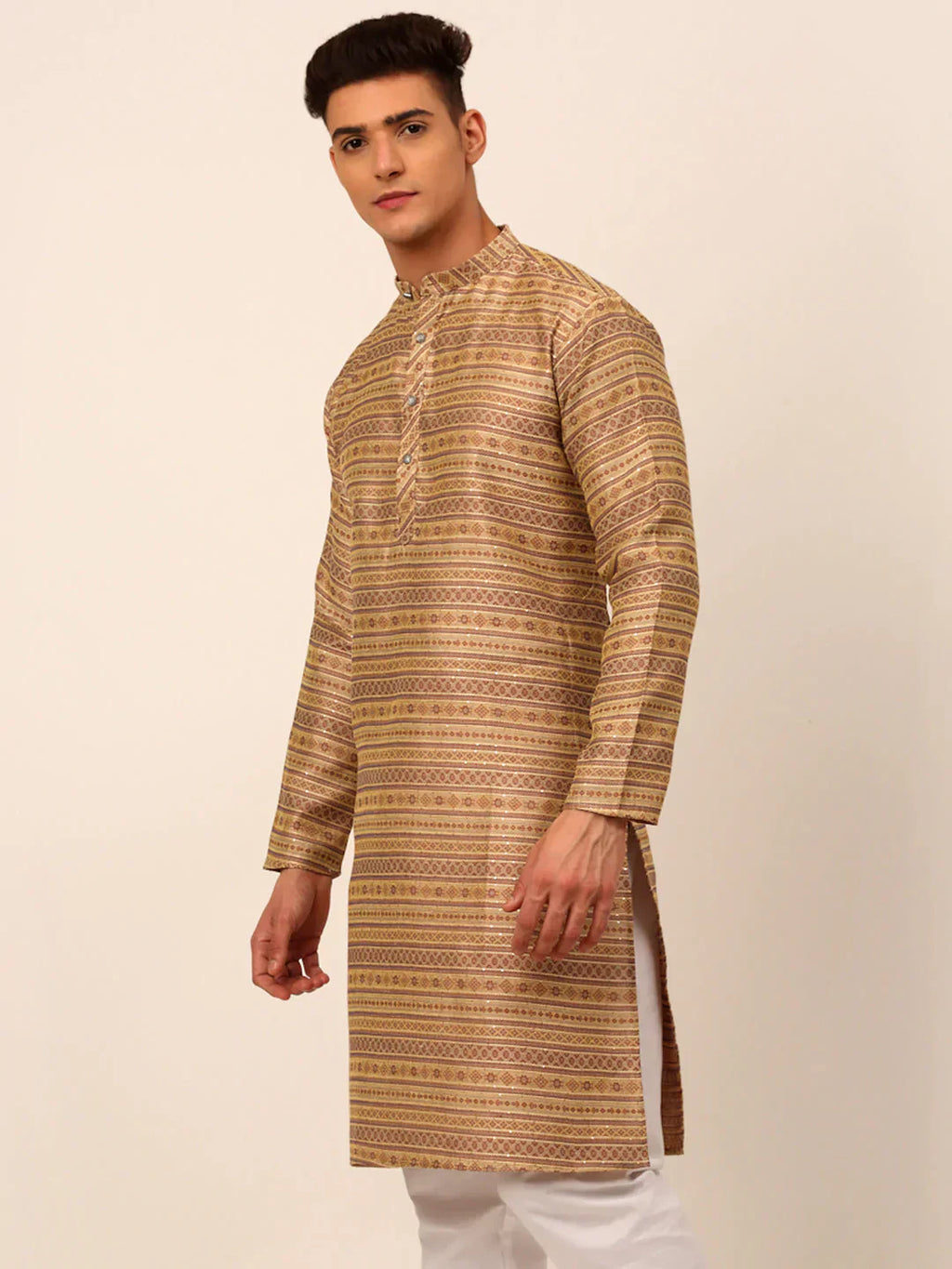 Jompers Men's Printed Sequinned Kurta Only - Brown