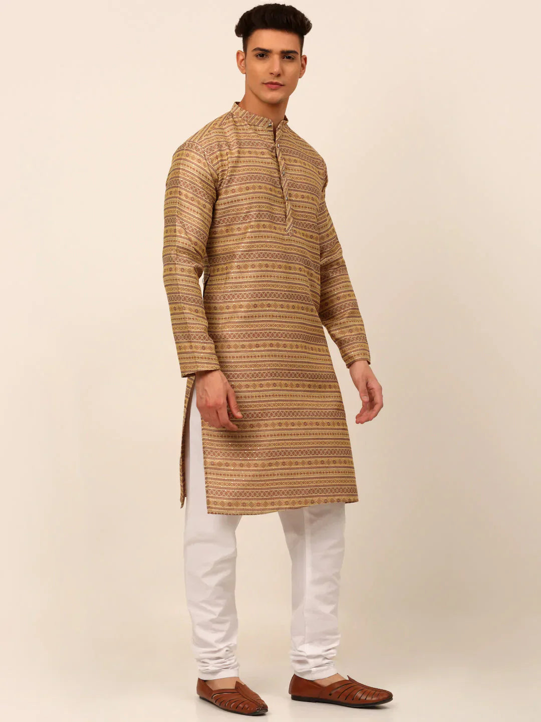 Jompers Men's Printed Sequinned Kurta Only - Brown