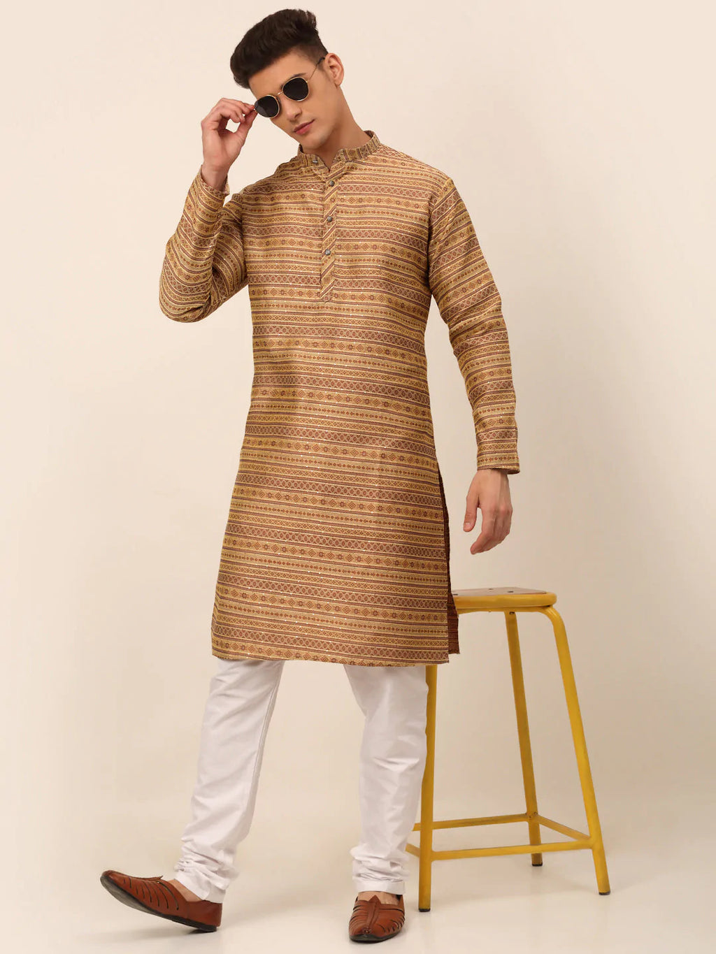 Jompers Men's Printed Sequinned Kurta Only - Brown