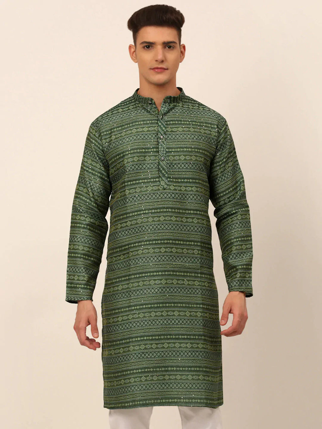 Jompers Men's Printed Sequinned Kurta Only - Green