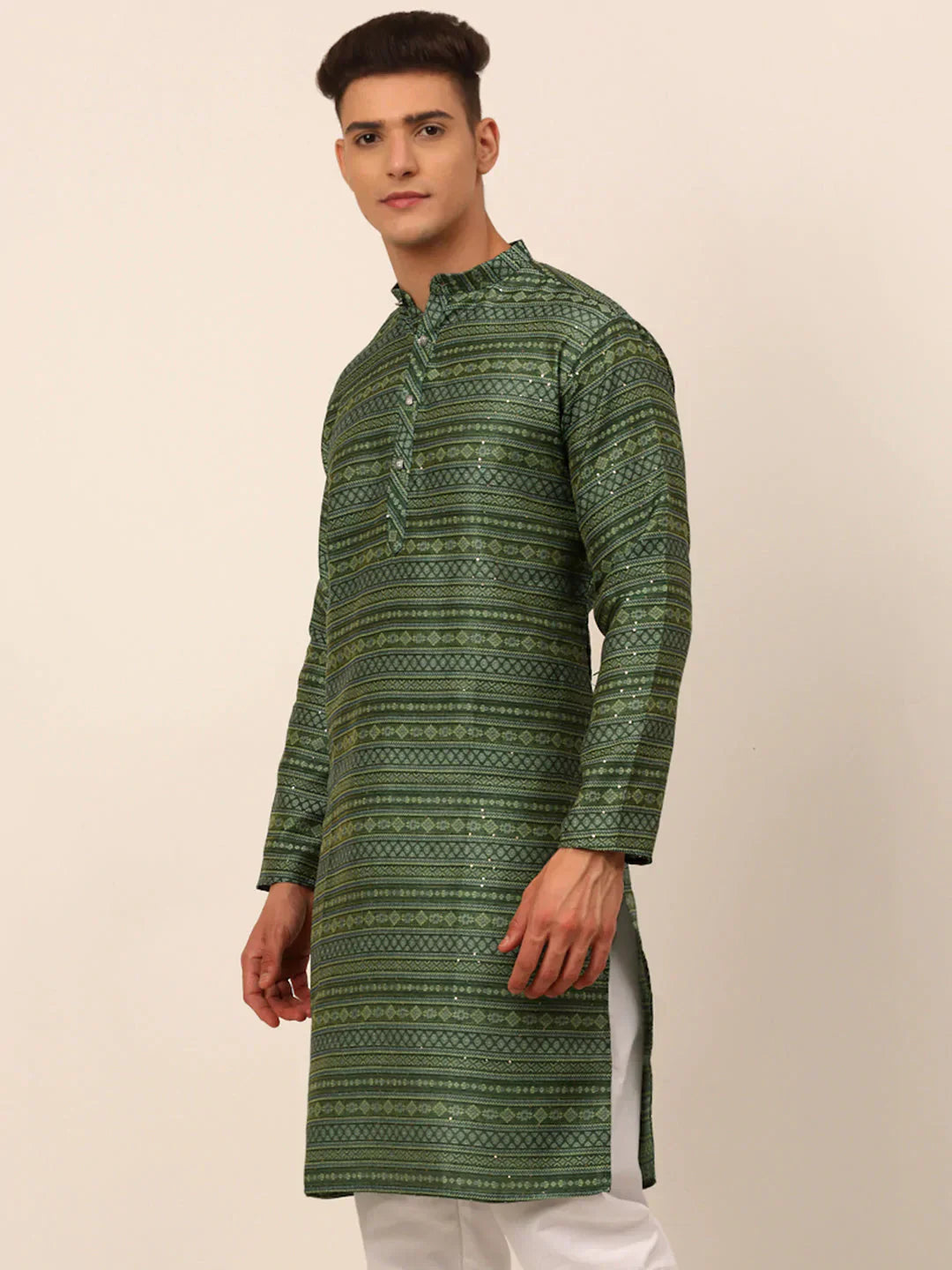Jompers Men's Printed Sequinned Kurta Only - Green