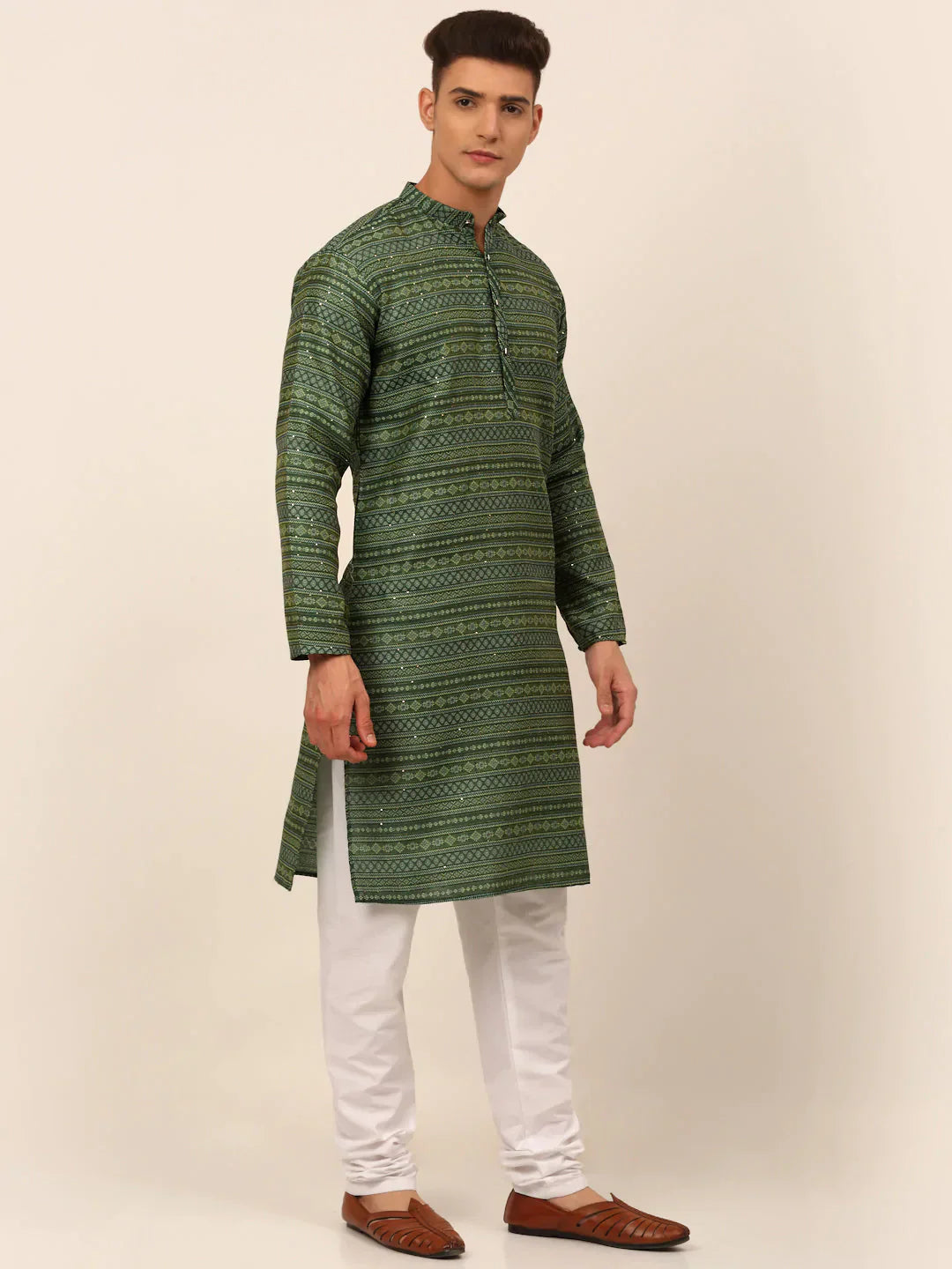 Jompers Men's Printed Sequinned Kurta Only - Green