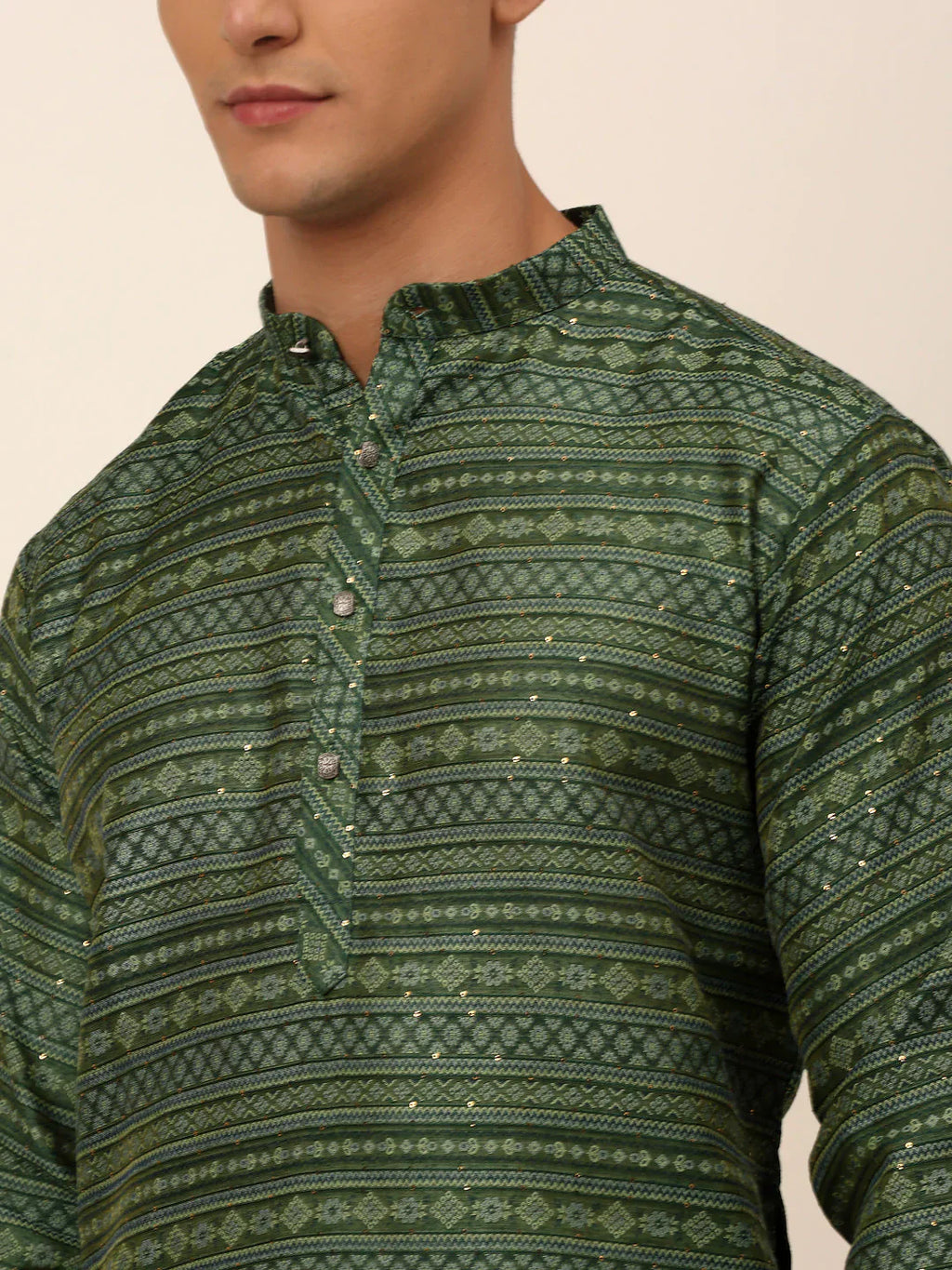 Jompers Men's Printed Sequinned Kurta Only - Green