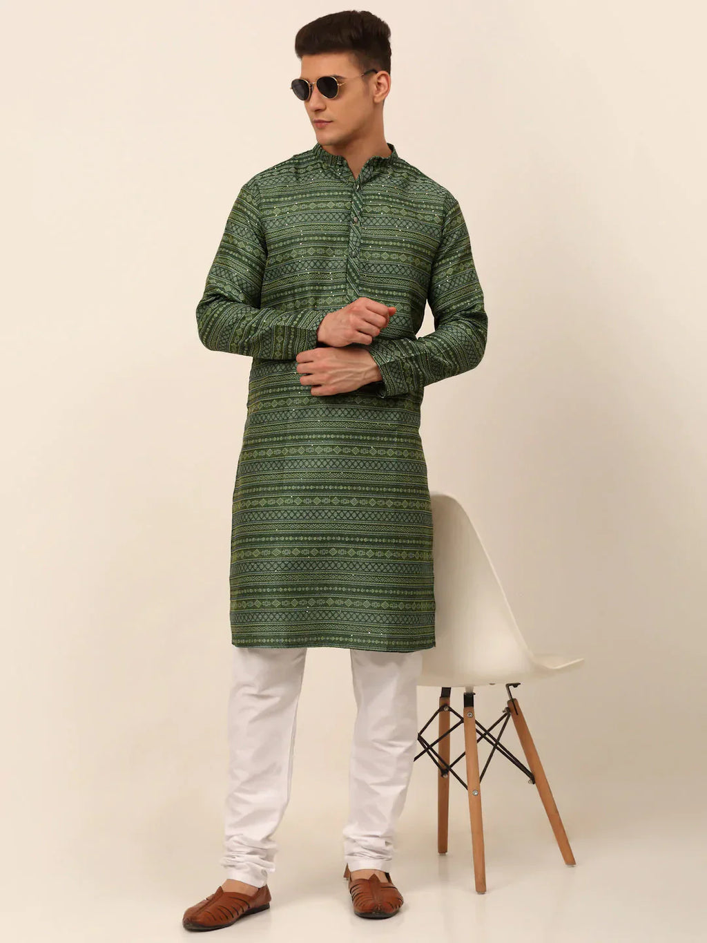Jompers Men's Printed Sequinned Kurta Only - Green