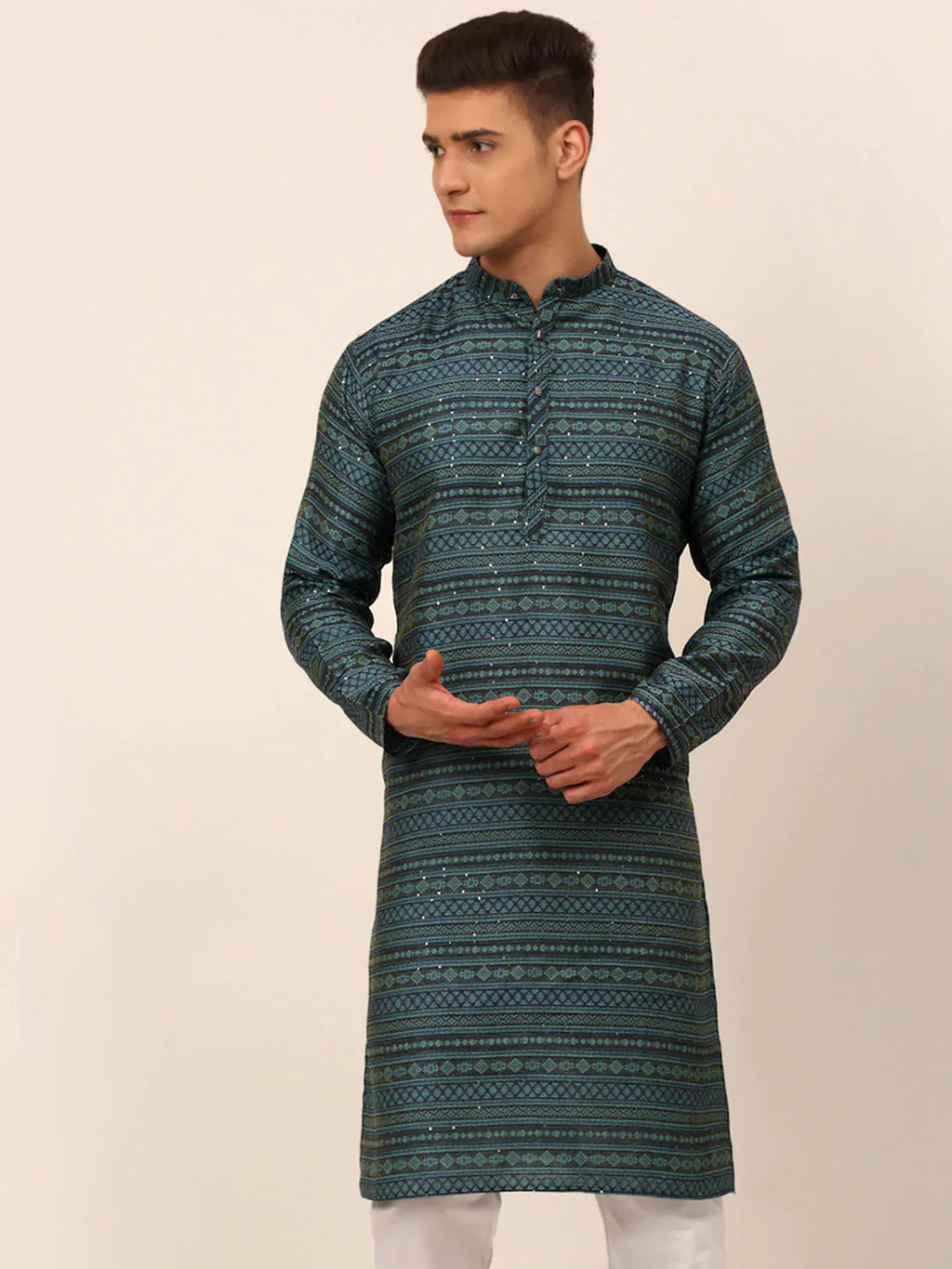 Jompers Men's Printed Sequinned Kurta Only - Teal