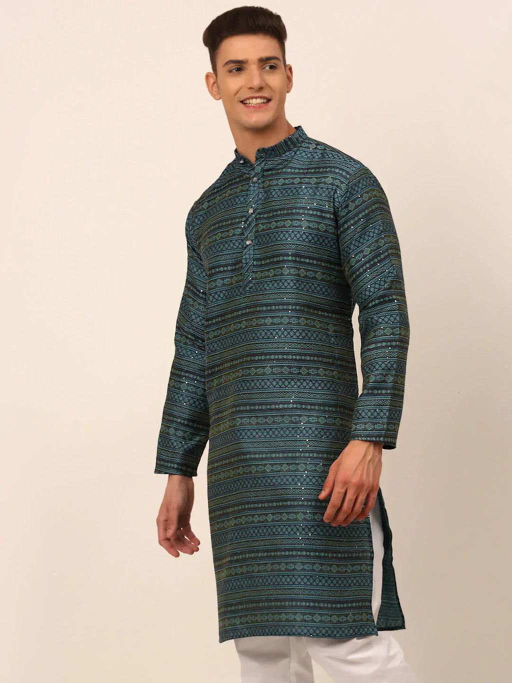 Jompers Men's Printed Sequinned Kurta Only - Teal