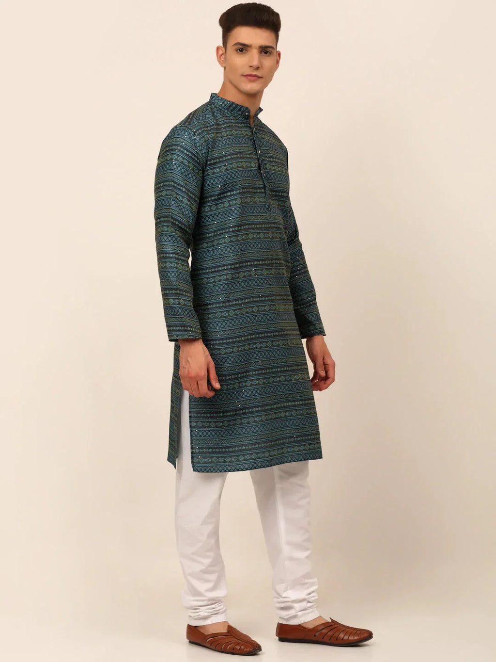 Jompers Men's Printed Sequinned Kurta Only - Teal